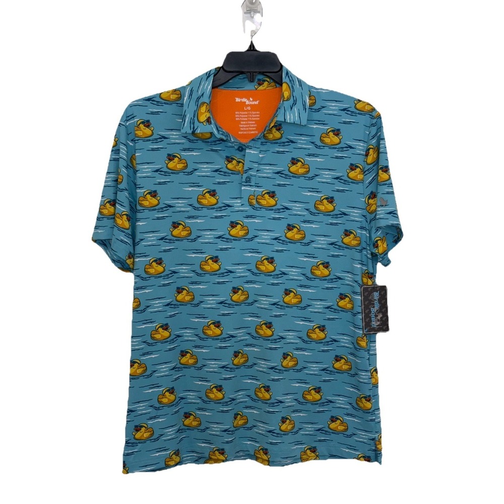 Birdie Bound Golf Polo Shirt Mens Large, Lt. Blue w/Duckies Performance Stretch